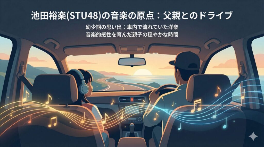 池田裕楽さんの父親とのエピソードを描いたイラスト。車での移動中に洋楽が流れていたという思い出のシーンを再現し、彼女の音楽的感性が育まれた背景と親子の穏やかな時間を表現。