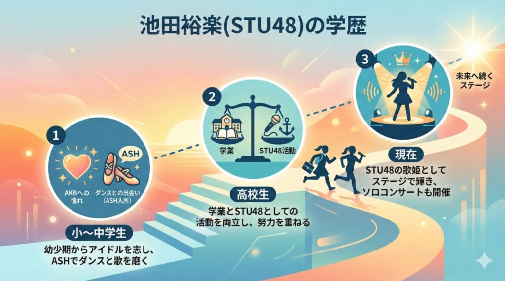 STU48池田裕楽さんの小学校から現在までの学歴と成長の軌跡。アクターズスクール広島でのダンス経験からアイドルとしてのデビュー、そして現在に至るまでの努力の道のりを表現したイメージ図。