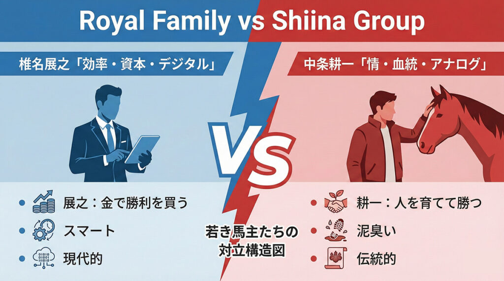 若き馬主たちの対立構造図。効率至上主義の椎名展之と、情熱と血統を重んじる中条耕一のビジネススタンスの比較。