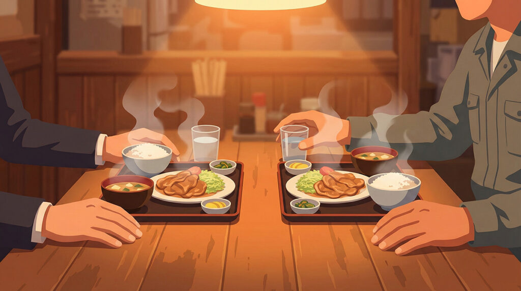 第8話の名シーン、定食屋での耕一と翔平。生姜焼き定食を囲みながら、実績のない二人がタッグを組むことを誓い合う絆のイメージ。