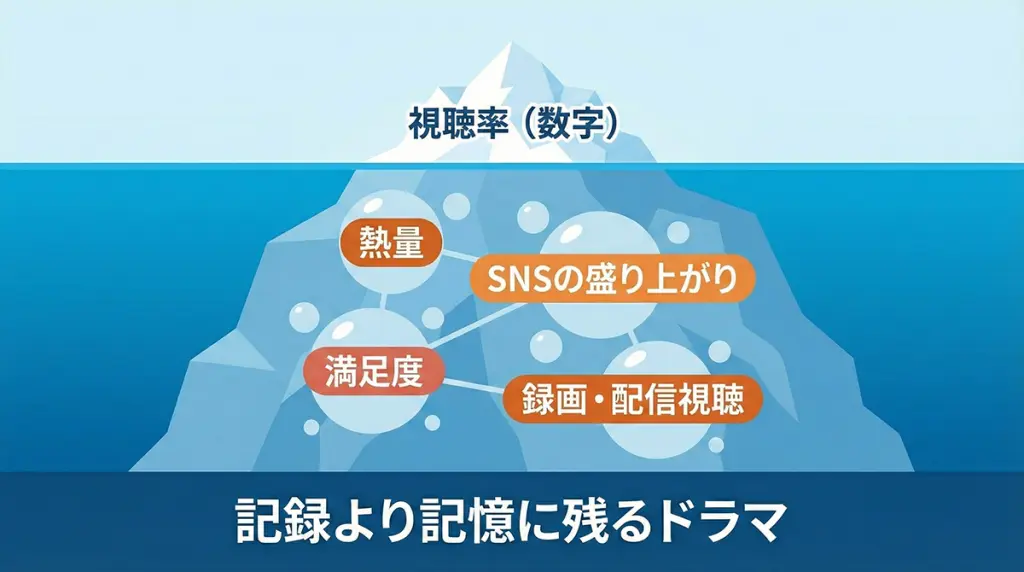 ドラマの視聴率と満足度の関係図。数字には表れない高い熱量とSNSでの盛り上がりを示す概念図。