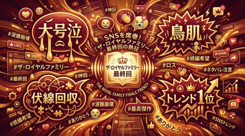 ドラマ『ザ・ロイヤルファミリー』最終回放送後のSNS上の反響と視聴者の感情マップ。トレンド1位、大号泣、伏線回収、継承といったキーワードで構成されたワードクラウド風イラスト。