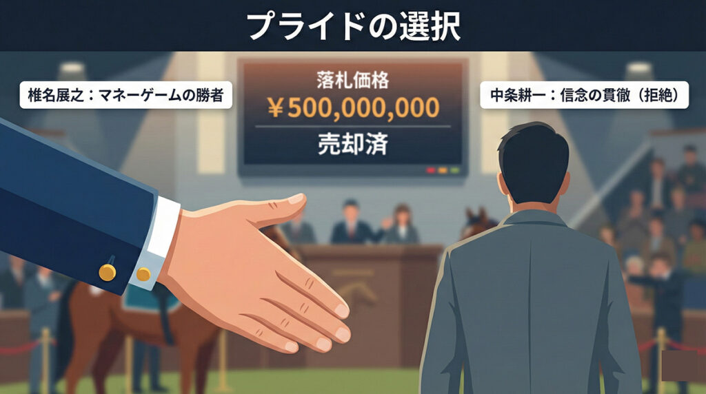 北海道セリ市での耕一と椎名展之の決別シーンイメージ。ビジネスライクな握手を拒絶し、自身のプライドを貫く耕一の背中。