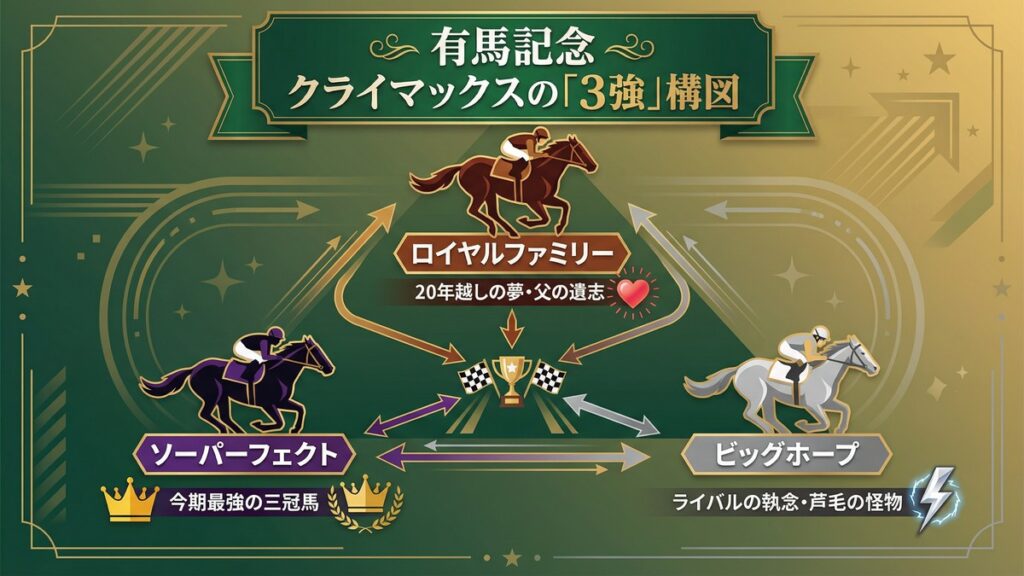 ドラマ『ザ・ロイヤルファミリー』有馬記念における3頭の競走馬（ロイヤルファミリー、ビッグホープ、ソーパーフェクト）と馬主・調教師の対立構図を示した相関図。