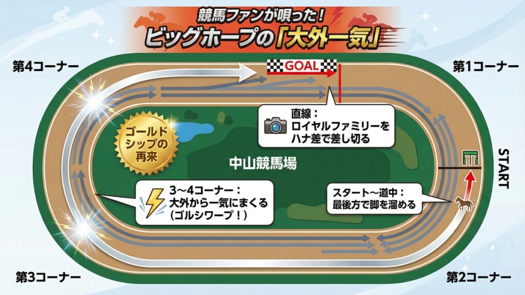 有馬記念でのビッグホープの走行ラインを示したコース図解。最後方からの大外一気（マクリ）戦法を描き、ゴールドシップの伝説的な走りと比較・解説した図。