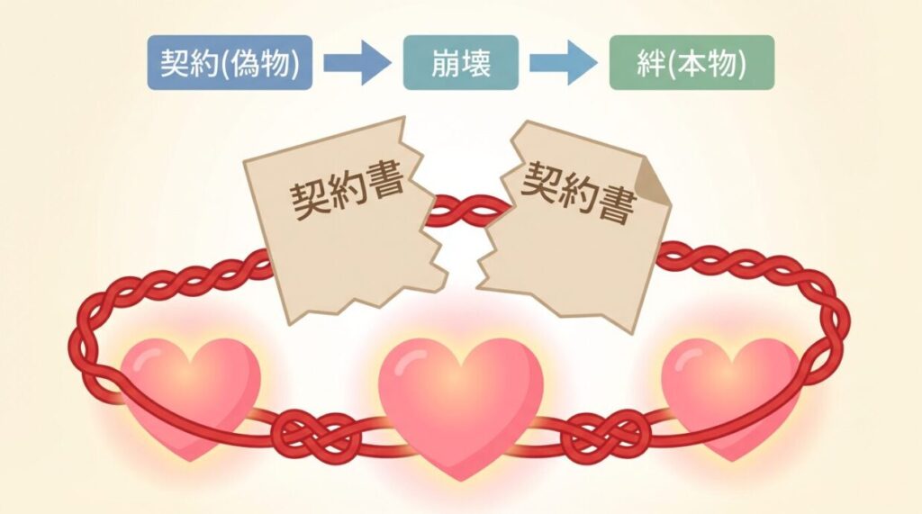 偽ママ契約の崩壊考察図解。契約書が破れた後に残ったのは、血縁を超えた本物の家族の絆であることを示す概念図