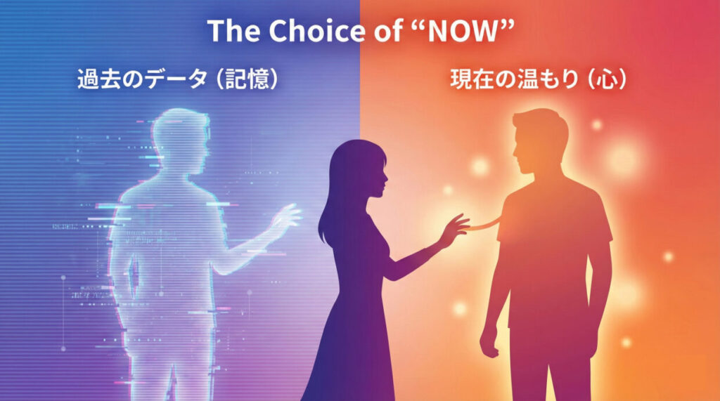 四季が過去の記憶（兆）ではなく現在の文太を選んだ名シーンのイメージイラスト。実体のない未来と温もりのある現在の対比。