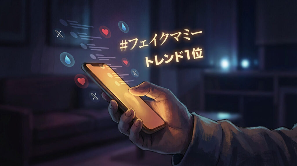 『フェイクマミー』第9話放送直後にX（旧Twitter）でトレンド入りし、視聴者が号泣しながらスマホで感想を投稿しているイメージイラスト