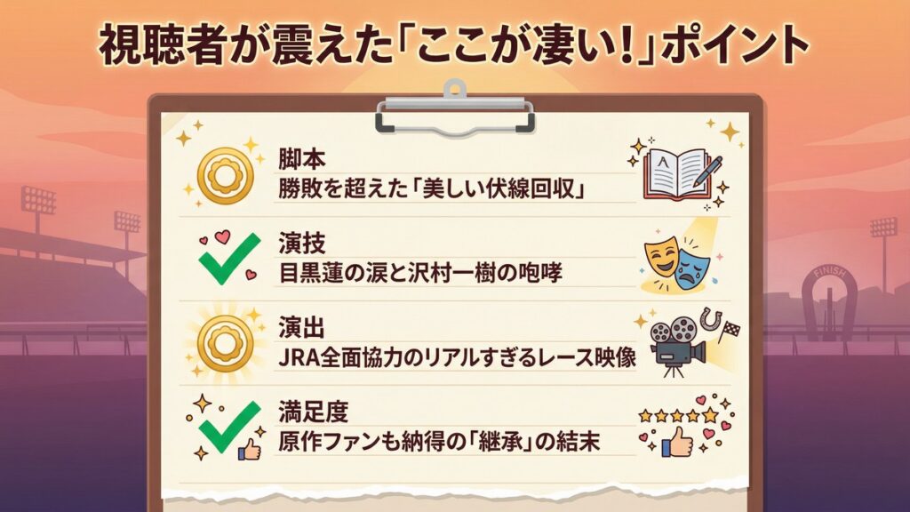 ドラマのテーマ「継承」を象徴するイメージイラスト。親から子へ、ライバルからライバルへ、人から馬へと渡されるバトンと、未来へ続く走路を描いた画像。