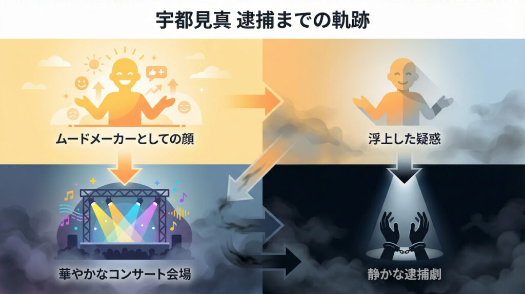『良いこと悪いこと』犯人の宇都見真（木村昴）が逮捕されるまでの展開フローチャート。コンサート会場での逮捕シーンのイメージ。