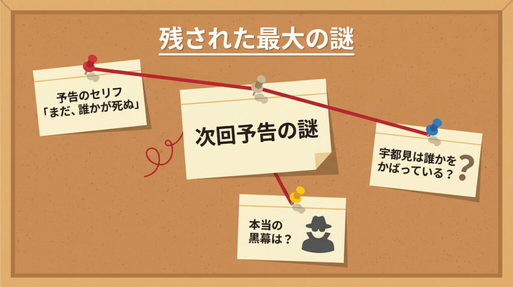 ドラマ最終回に向けた未回収の伏線と次回予告の謎をまとめたミステリー風の考察画像。