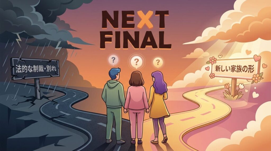 最終回（第10話）の展開予想イラスト。法的制裁か、家族の再生か。薫と茉海恵といろはが選ぶ未来の選択肢を示唆するイメージ