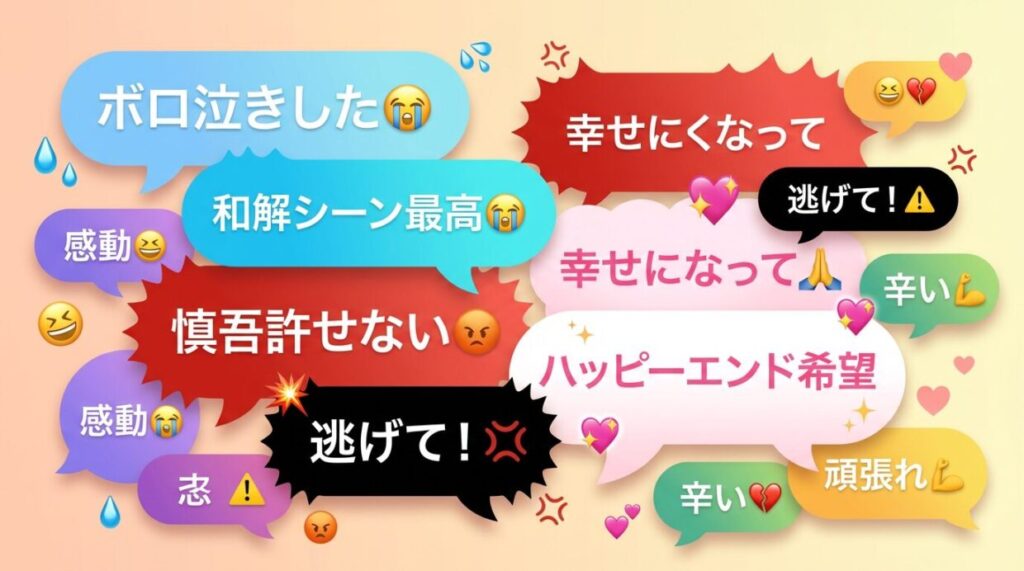 フェイクマミー第9話に対するSNS上の感想まとめ。感動の涙、慎吾への怒り、最終回への祈りが入り混じる視聴者の声を可視化した図