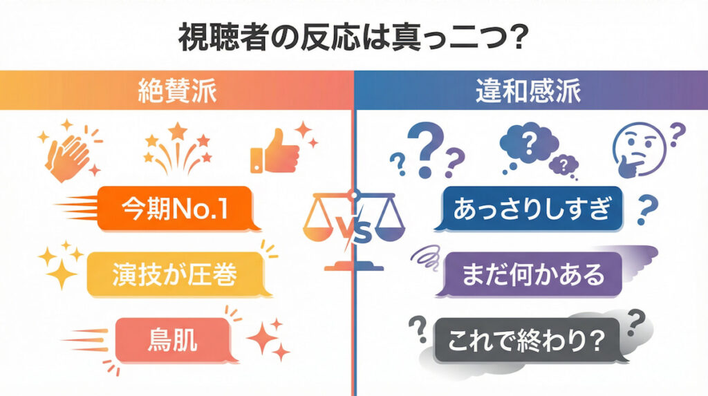 『良いこと悪いこと』第9話に対するSNS上の視聴者の反応まとめ図解。称賛の声と違和感を持つ声の対比。