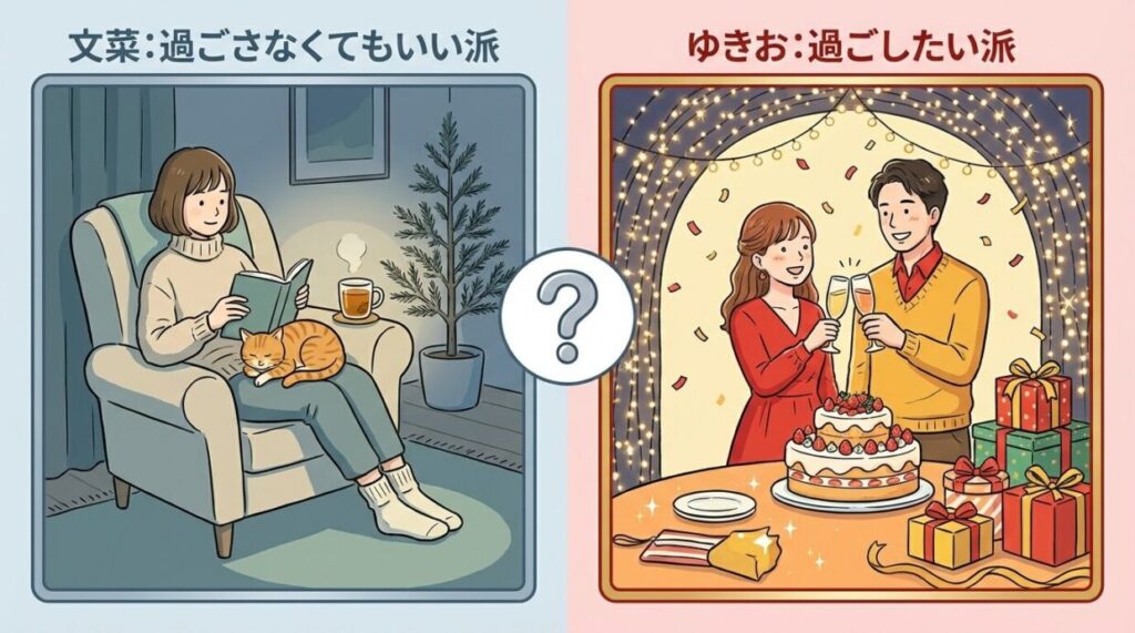 文菜とゆきおの根本的な価値観の違い（「恋人と過ごさなくてもいい派」vs「恋人と過ごしたい派」）を一目で分かりやすく