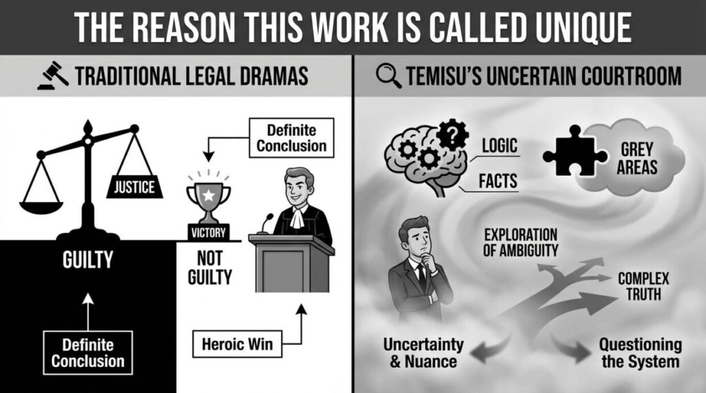 一般的なリーガルドラマと『テミスの不確かな法廷』の対比図。「勧善懲悪」と「グレーゾーンの追及」というテーマの違いを比較した表。