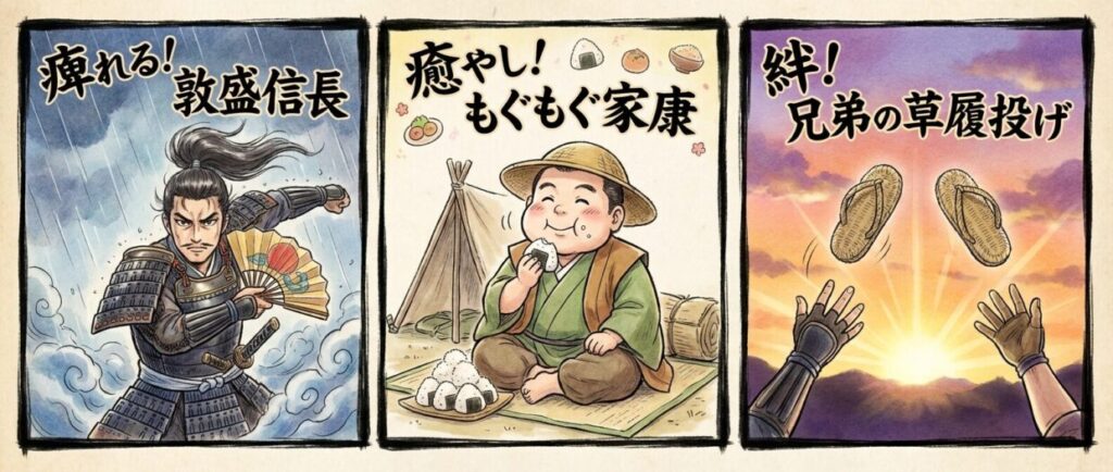 SNSで特に話題になった3つの要素（信長の敦盛、家康のもぐもぐ、兄弟の草履投げ）を、親しみやすい漫画風のイラストでまとめます。記事で触れている「痺れる」「癒やし」「絆」という感情の動きを視覚的に補完し、読者がSNSの盛り上がりを追体験できるようにします。