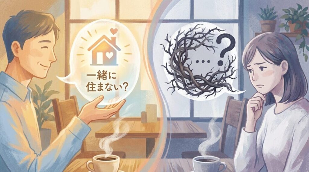 第2話の最大の山場である同棲の提案シーンで、二人が見ている景色の違い（ゆきおにとっては温かい未来、文菜にとっては重い迷い）を感情的に表現します。