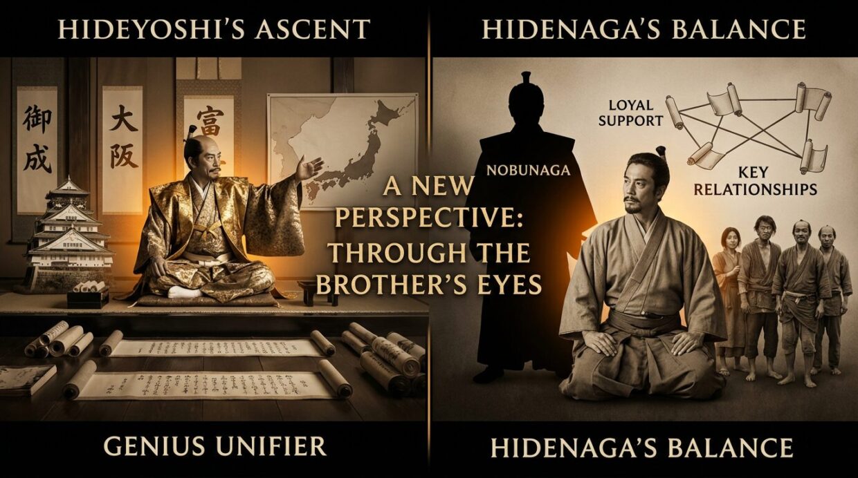 大河ドラマ『豊臣兄弟！』第1話の魅力を解説する図解。従来の秀吉主役の大河と、仲野太賀さん演じる秀長視点の今作の違いを比較。