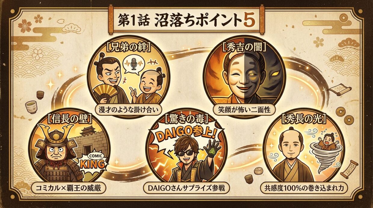 『豊臣兄弟！』第1話の見どころ5選。仲野太賀さん、池松壮亮さん、小栗旬さんらの演技やDAIGOさんの出演ポイントをまとめた図。