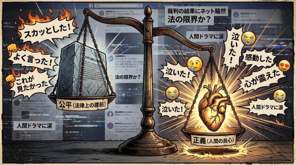SNSでの反響（泣ける、スカッとする）と、その根源にある「公平と正義のズレ」というテーマを視覚化する。