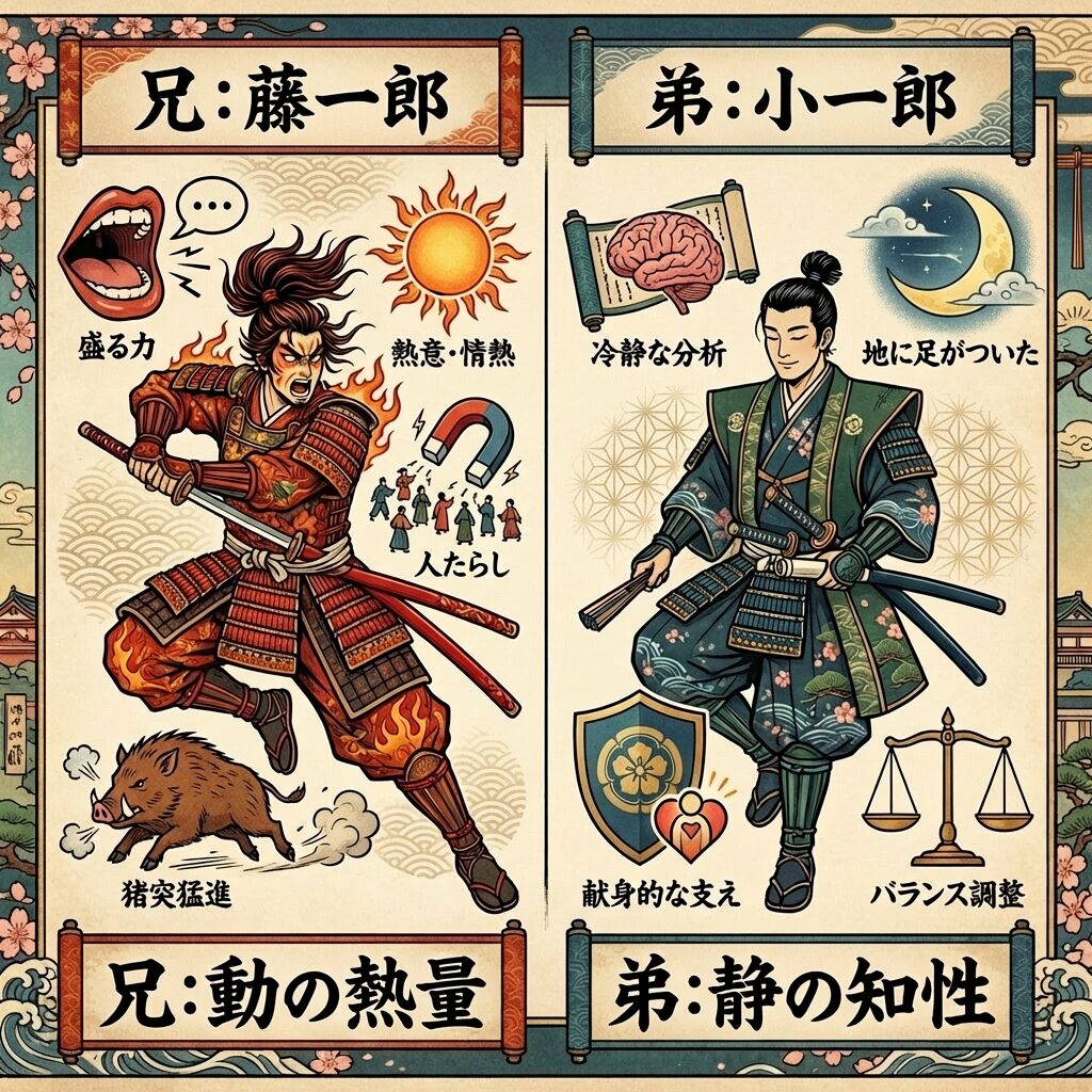 豊臣兄弟の特性バランス 「動」の藤吉郎と、「静」の小一郎。対照的な二人の特性が組み合わさることで、強引な突破力と冷静な計算が両立し、物語を前に進めています。