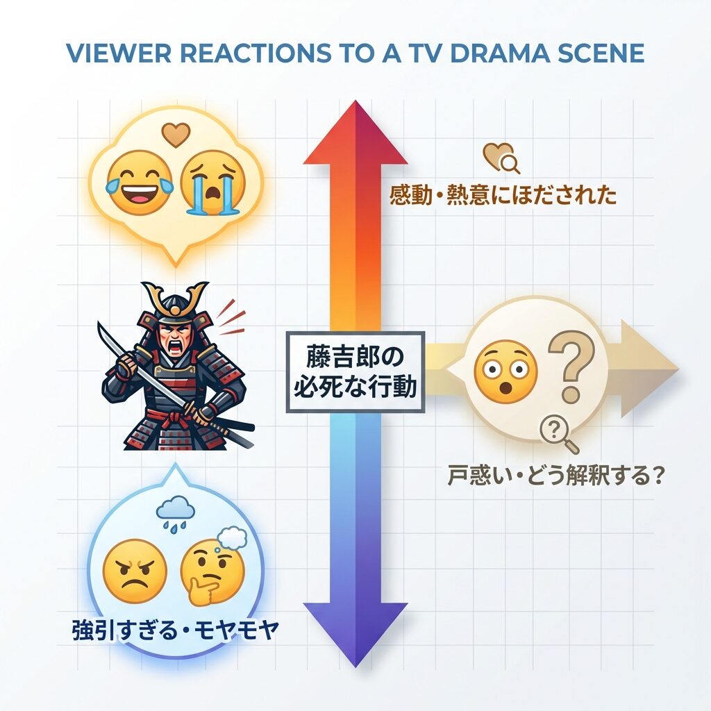 第5話で話題となったポイントと視聴者の反応傾向 藤吉郎のなりふり構わぬ行動に対し、SNSでは「感動した」という声、「強引すぎる」という声、そして寧々の気持ちを思って「戸惑った」という声など、多様な反応が見られました。