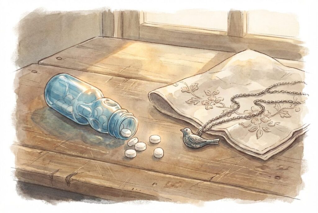 少女が大切にしていた「生きることを諦めないラムネ」と、小さな鳥のペンダント。法の狭間で揺れる小さな希望の象徴。