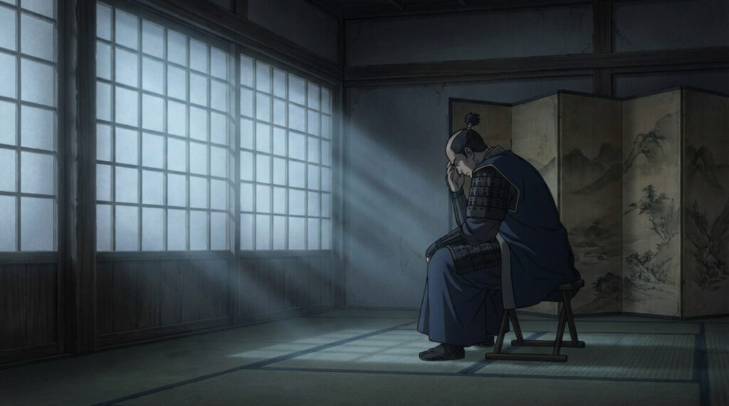 これまでの冷酷なイメージとは違う、孤独を抱えた信長の内面を表現します。小栗旬さんの繊細な演技を振り返る読者の感情に寄り添う、静かで重厚な画像です。