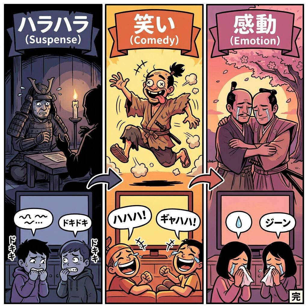 第5話における視聴者の「感情ジェットコースター」 息詰まる情報戦（ハラハラ）から、藤吉郎の必死な疾走（笑い）、そして最後には兄弟の絆と熱意（感動）へ。1話の中で感情が大きく揺さぶられる構成でした。