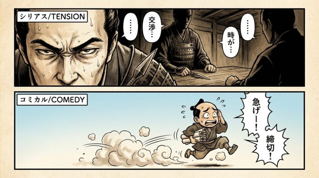 シリアスな「ハラハラ」と、コミカルな「走れメロス感（笑い）」が同居していた回の雰囲気を伝えるコマ割りイラスト