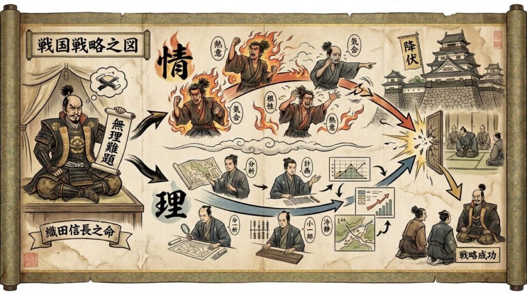 調略が成功した構造（信長の命令→兄弟の「理」と「情」の挟み撃ち→城主の陥落）を説明する和風インフォグラフィック