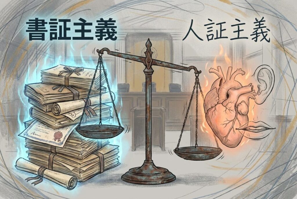 図解：揺れ動く「書証主義」と「人証主義」の天秤。確かな「書類」と、温かいが危うい「人の声」、その狭間で司法は揺れている。