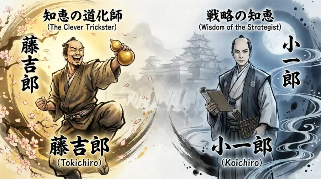 藤吉郎（動・熱・盛る）と小一郎（静・冷・地に足）のキャラクター性の違いを際立たせた対比イラスト