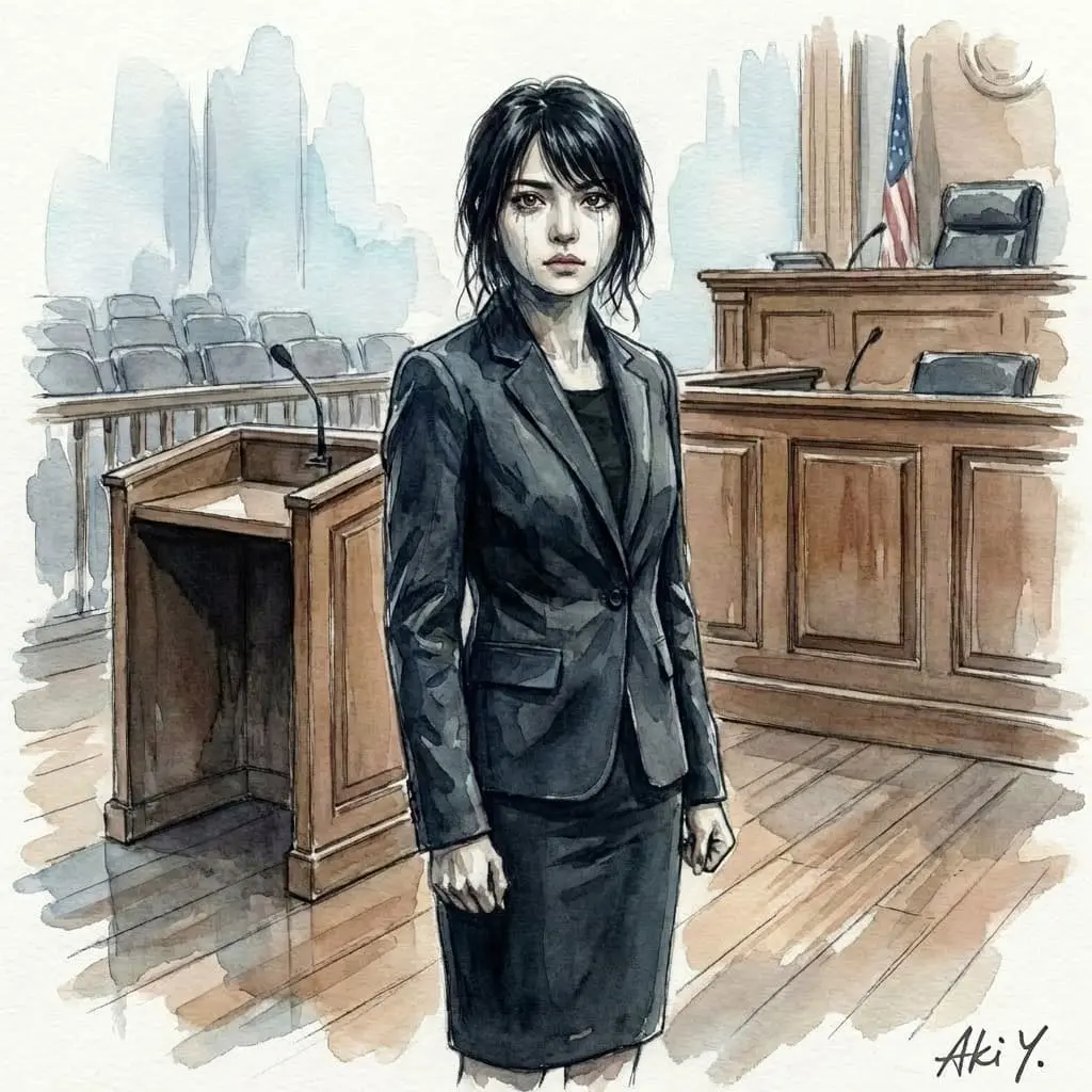 「お父さんは無実だった」と法廷で涙を流しながら訴える吉沢亜紀のイラストレーション。