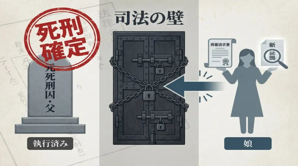 図解：死刑執行後の再審請求の仕組みと難しさ。遺族が「新たな証拠」で閉ざされた司法の扉を開こうとするイメージ。