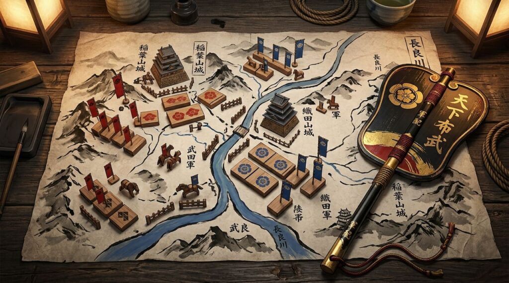 墨俣と北方城の位置関係を示す和風の古地図と、軍配団扇が置かれた図解イラスト