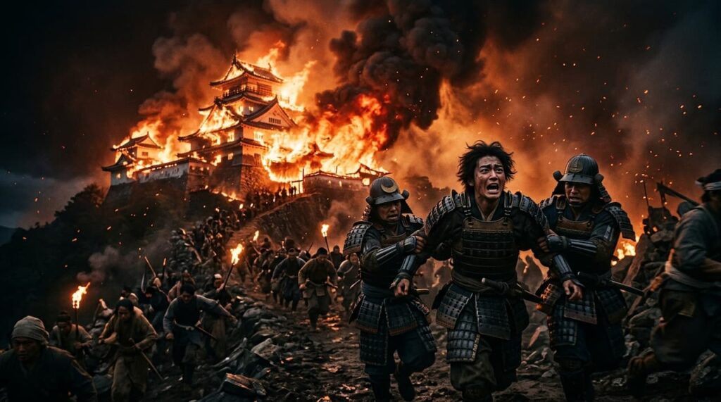 燃え盛る稲葉山城を背景に、恐怖の表情で逃げる斎藤龍興と、それを遠くから見つめる小一郎たち。