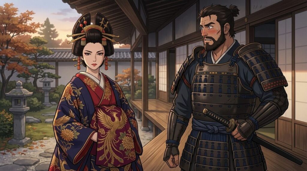 凛とした表情の美しい姫に対し、屈強な武将が顔を赤らめてたじろいでいる様子。「戯言じゃ」と動揺する柴田勝家の可愛らしさを表現したイラスト。