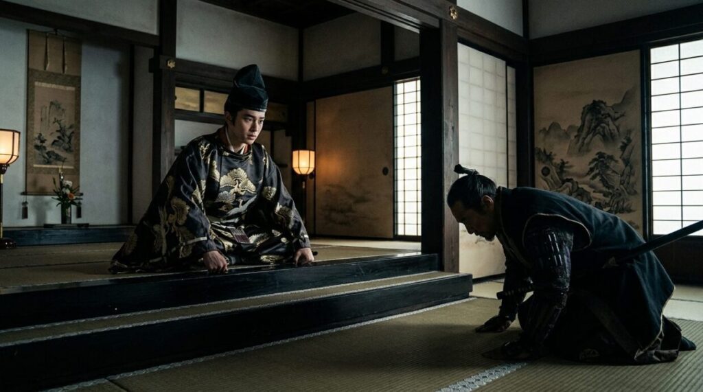 立派な装束を着て一段高いところに座る若き将軍（義昭）が、下段で平伏しながらも底知れぬ威圧感を放つ武将（信長）を見下ろし、感謝と同時に「得体の知れない恐怖・不安」を抱いている緊張感漂う構図です