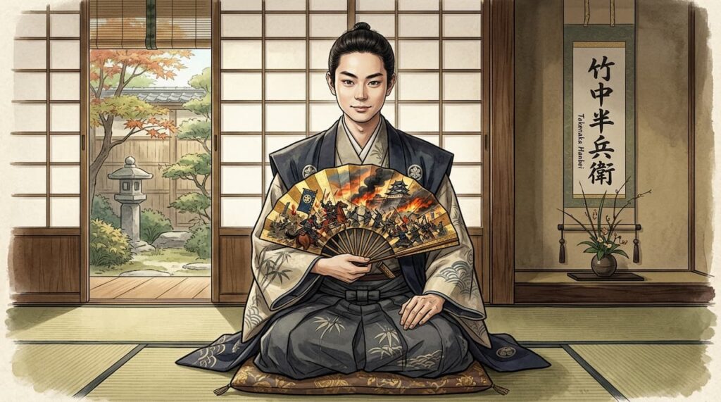 繊細な容貌の竹中半兵衛が、戦が描かれた扇子を持ち、影が武装した軍師の姿になっている。