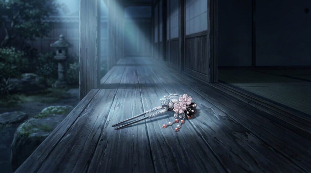 縁側に置かれた和風の髪飾りが月明かりに照らされている切ないイラスト