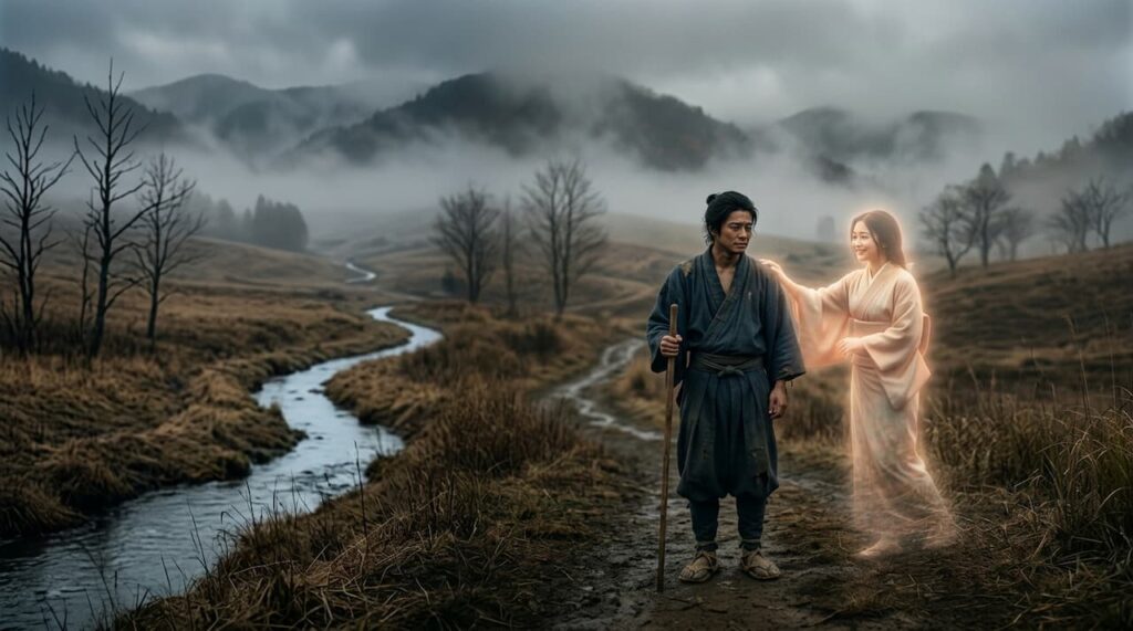 荒涼とした美濃の風景で、小一郎の隣に寄り添う直の温かい幻影。