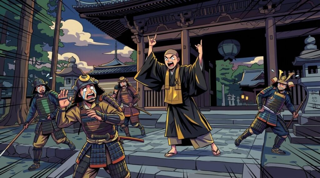 僧侶に変装した小一郎が、三好三人衆の兵士たちに向かって大げさな身振りで祟りを警告し、相手を動揺させているコミカルなシーンのイラスト。