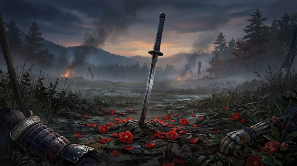 小一郎が初めて人を斬った瞬間を象徴するイメージ。地面に突き立てられた刀と散った椿の花びら