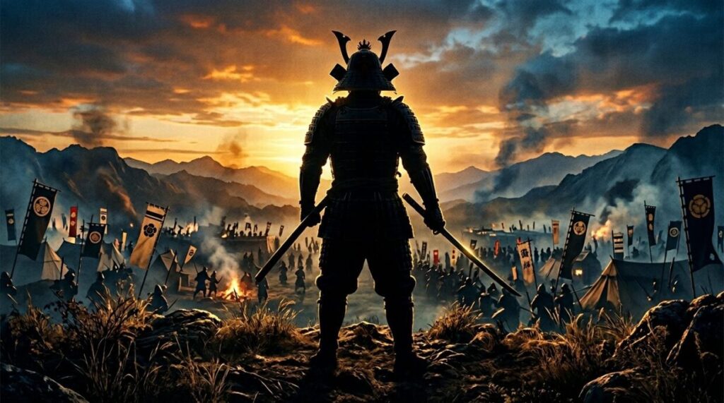 姉川の戦いの史実とドラマ演出のバランスを示す古地図と筆・硯の静物イメージ