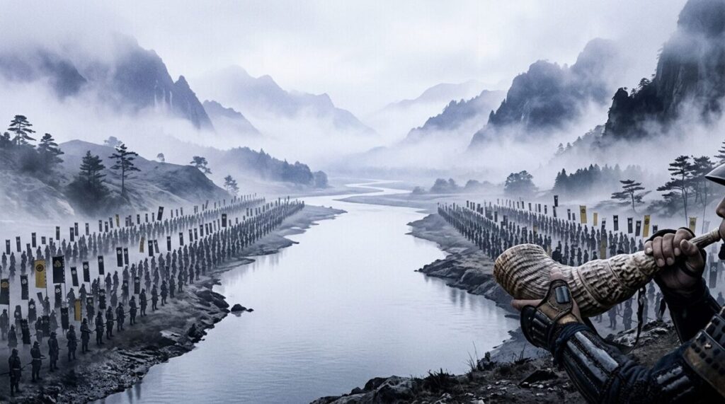 姉川を挟んで対峙する織田・徳川連合軍と浅井・朝倉連合軍のイメージ。開戦前の張り詰めた緊張感