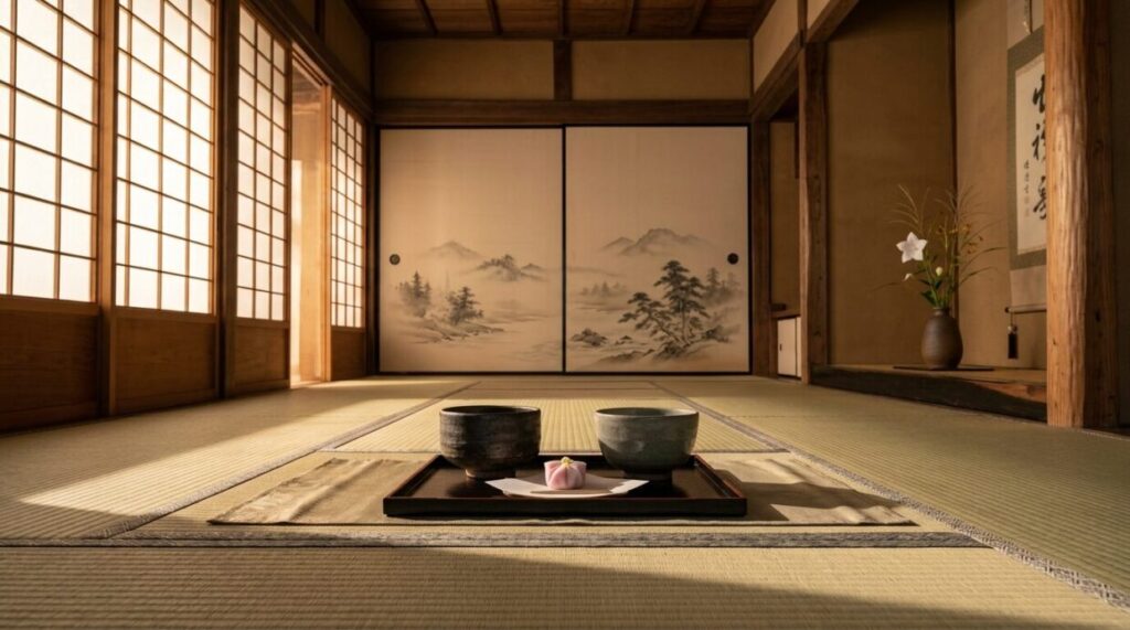 市と浅井長政の夫婦愛を象徴する城内の静物イメージ。並んで置かれた二つの茶碗と差し込む夕日