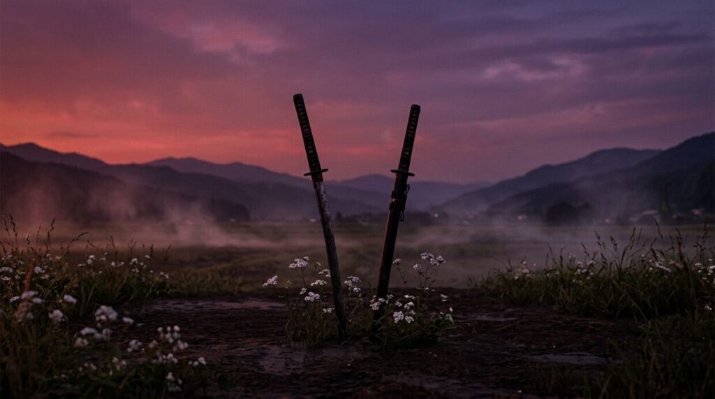 豊臣兄弟！第15話のまとめを象徴する夕景のイメージ。並んで突き立てられた二本の刀と白い野花