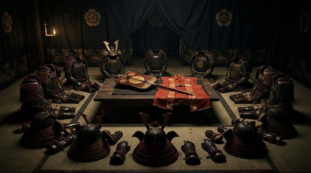 徳川家康に対する織田信長の無言の圧を象徴する軍議のイメージ。陣幕内に置かれた軍配と朱の陣羽織